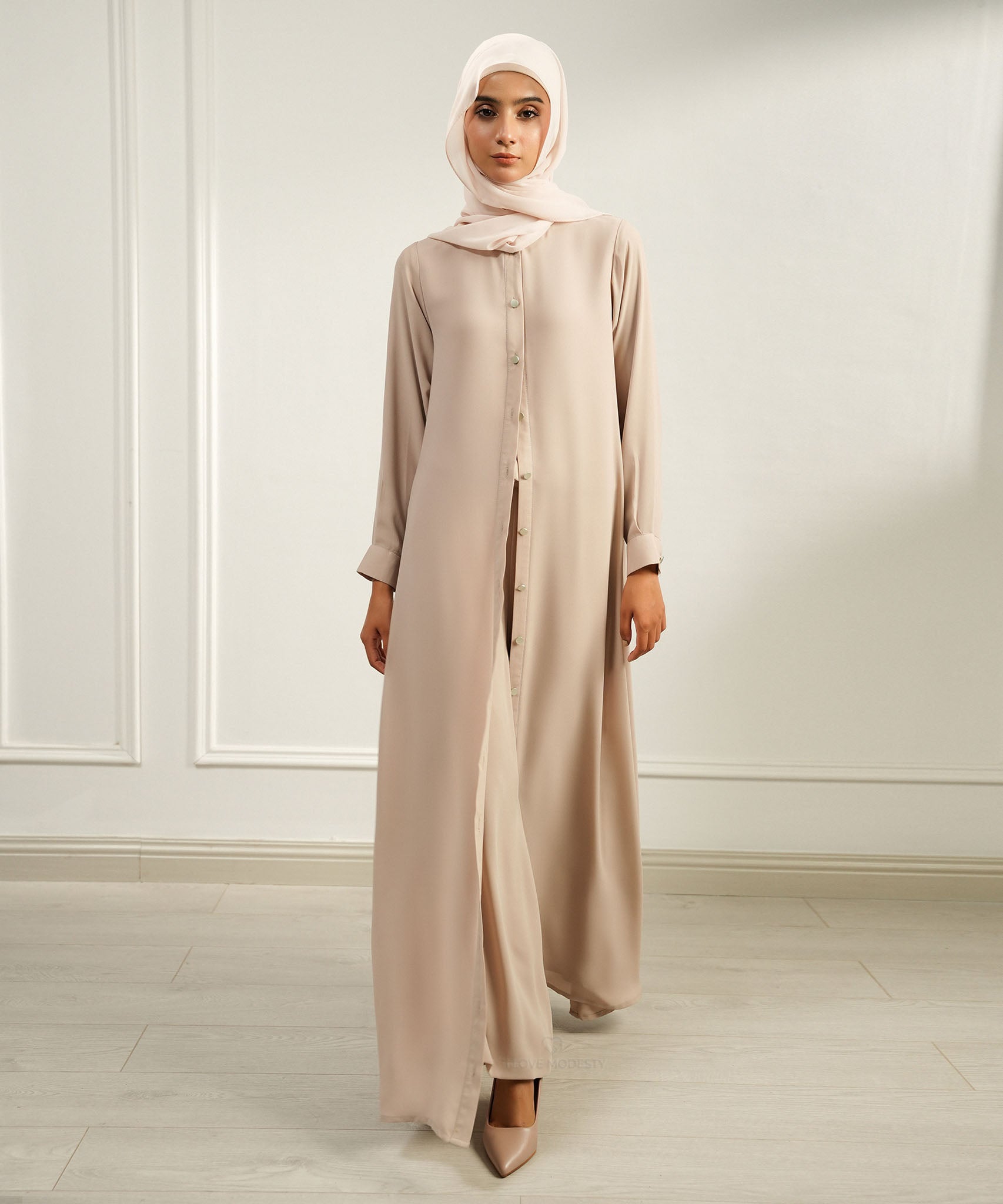 Taupe Button-Down Midi Dress