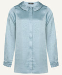 Soft Blue Satin Long Sleeve Flat Collared Basic Blouse