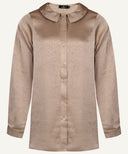 Taupe Satin Long Sleeve Flat Collared Basic Blouse