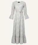 Grey Printed Bell Sleeve Flared Maxi Dress