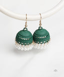 AYA Matte Bottle Green Pearl Dome Jhumka Earrings