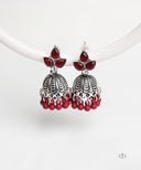AYA Dark Red Beads Silver Stud Jhumka Earrings