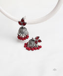 AYA Dark Red Beads Silver Stud Jhumka Earrings