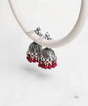 AYA Dark Red Beads Silver Stud Jhumka Earrings