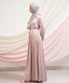 Twinkled Pink Satin Pleated Long Sleeves Modest Maxi Dress