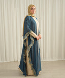 Teal Blue Front Open Embroidered Side Panel Kaftan Set