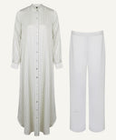 Sage Vertical Stripe Button-Down Top with White Trousers
