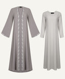 Light Taupe Embroidered A-Line Cardigan Abaya Set