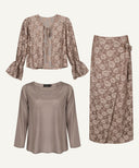 Mocha Brown Lace Tie Front Top with Wrap Skirt Matching Set