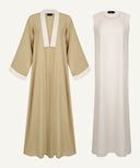Beige Contrast Trim Cardigan Abaya Set