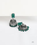 AYA Bottle Green Stone Silver Stud Jhumka Earrings