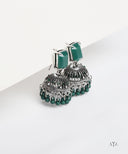 AYA Bottle Green Stone Silver Stud Jhumka Earrings