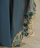 Teal Blue Front Open Embroidered Side Panel Kaftan Set