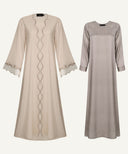 Warm Beige Embroidered Scallop A-Line Cardigan Set