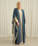 Teal Blue Front Open Embroidered Side Panel Kaftan Set