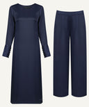 Dark Blue Long Sleeve Pleated Cuff Midi-Length Matching Set