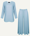 Powder Blue Short-Length Top with Flared Trousers Matching Set