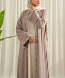 Light Taupe Embroidered A-Line Cardigan Abaya Set