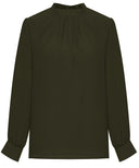 Dark Olive Ruffle Detail Long Sleeves Modest Cropped Blouse