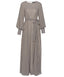 Ivory Grid Print Flared Long Sleeves Modest Maxi Dress